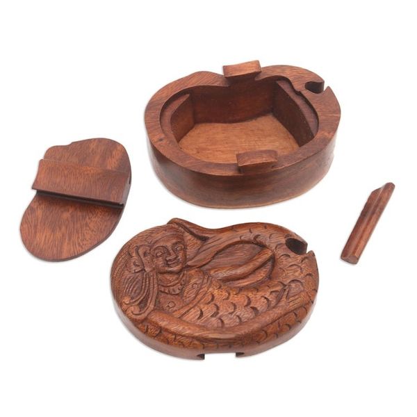 Alternate image for Hand Carved Suar Wood Mermaid Puzzle Box Mermaid Dance