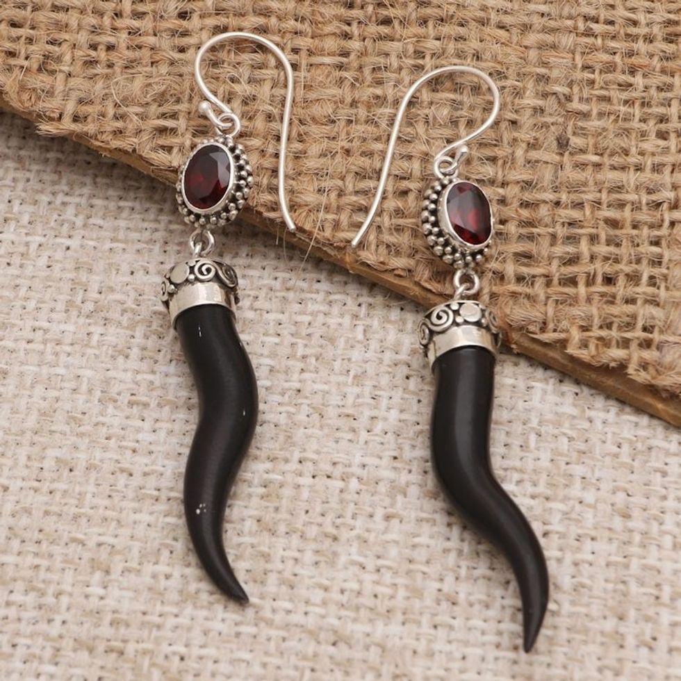 Handmade Garnet and Bone Dangle Earrings 'Strong Roots'