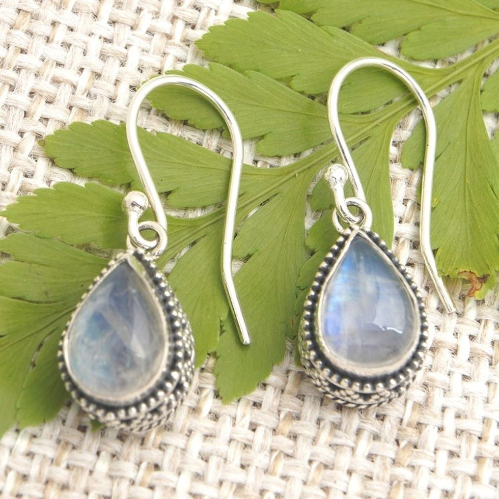 Rainbow Moonstone and Sterling Silver Dangle Earrings 'Harmonious Dew'