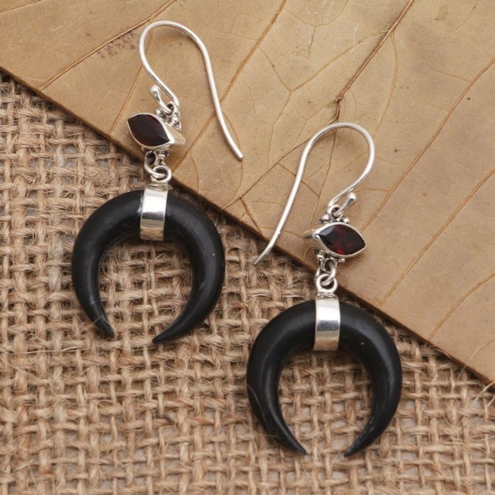Hand Made Garnet and Sterling Silver Dangle Earrings 'Mysterious Crescent'