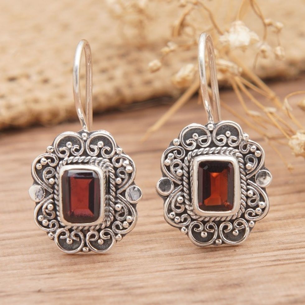 Classic Sterling Silver Drop Earrings with Garnet Jewels 'Palace of the Lovers'