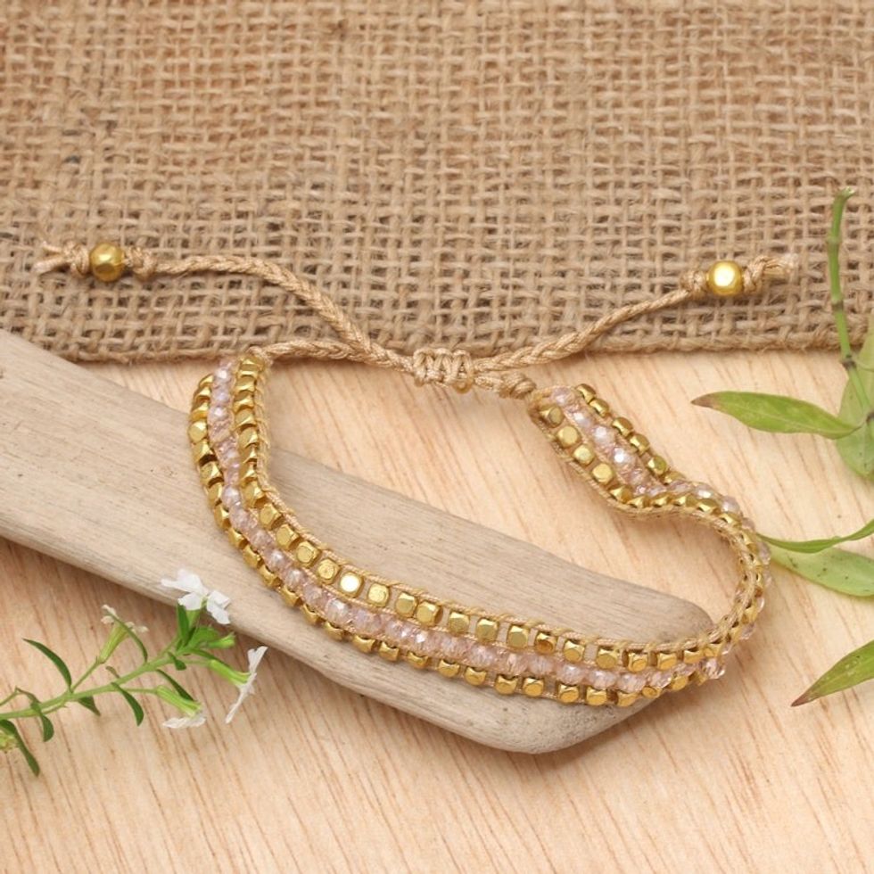 Gold-Accented Adjustable Crystal Beaded Wristband Bracelet 'Boho Glam'