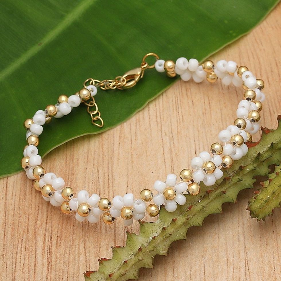 Gold-Accented Adjustable Floral Beaded Wristband Bracelet 'Floral Radiance'