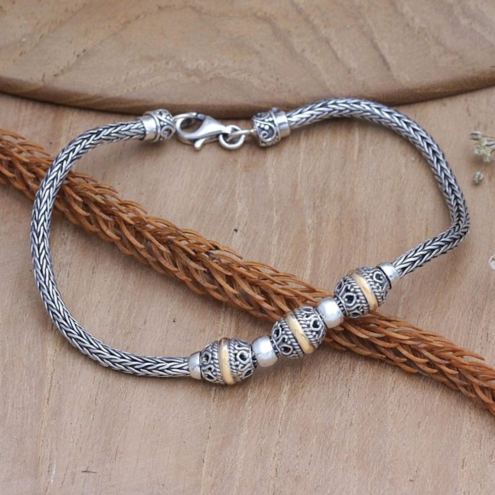 Balinese 18k Gold-Accented Sterling Silver Pendant Bracelet 'Cylindrical Charm'