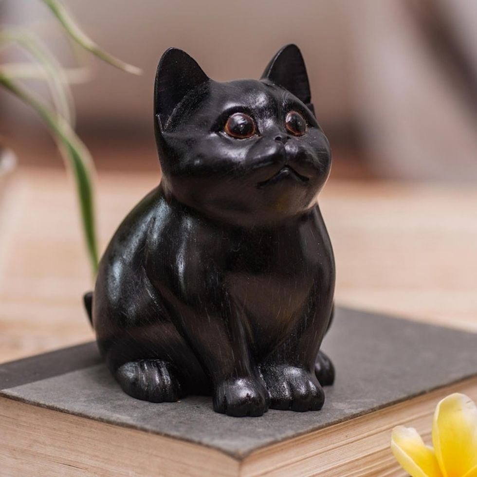 Wood Cat Figurine in Black Hand-Painted in Bali 'Chubby Cheeks'