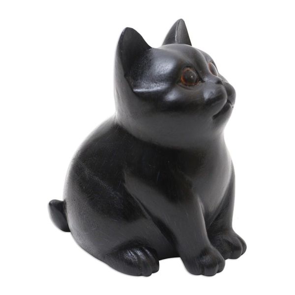 Alternate image for Wood Cat Figurine in Black Hand-Painted in Bali Chubby Cheeks