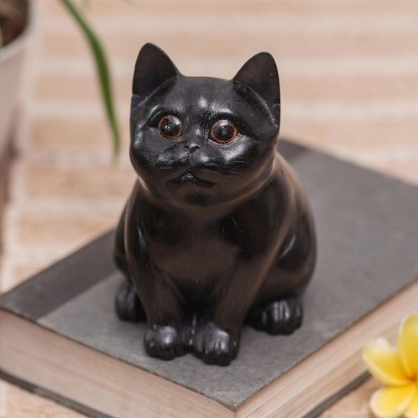 Alternate image for Wood Cat Figurine in Black Hand-Painted in Bali Chubby Cheeks