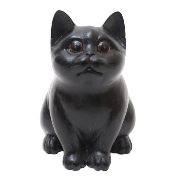 Alternate image for Wood Cat Figurine in Black Hand-Painted in Bali Chubby Cheeks