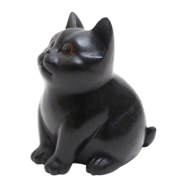 Alternate image for Wood Cat Figurine in Black Hand-Painted in Bali Chubby Cheeks