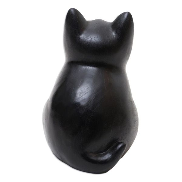 Alternate image for Wood Cat Figurine in Black Hand-Painted in Bali Chubby Cheeks