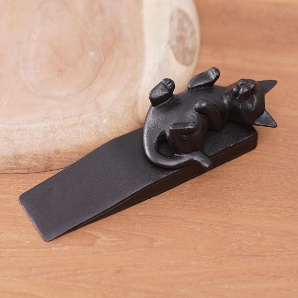 Hand-Carved Suar Wood Door Stop with Black Cat 'Cheeky Black Cat'