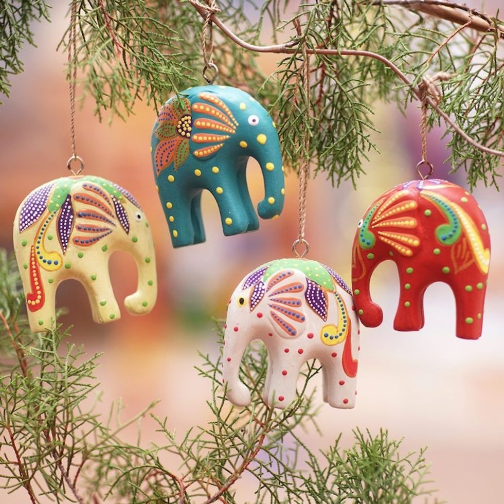 Handcrafted Elephant Wood Ornaments from Bali Set of 4 'Happy Trunks'