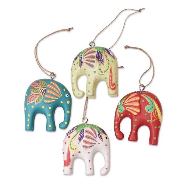 Alternate image for Handcrafted Elephant Wood Ornaments from Bali Set of 4 Happy Trunks