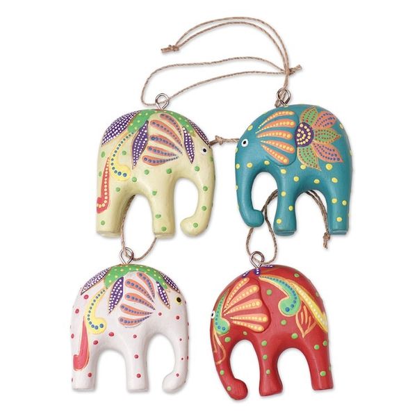 Alternate image for Handcrafted Elephant Wood Ornaments from Bali Set of 4 Happy Trunks