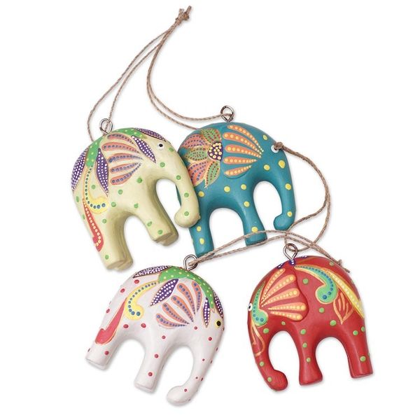 Alternate image for Handcrafted Elephant Wood Ornaments from Bali Set of 4 Happy Trunks