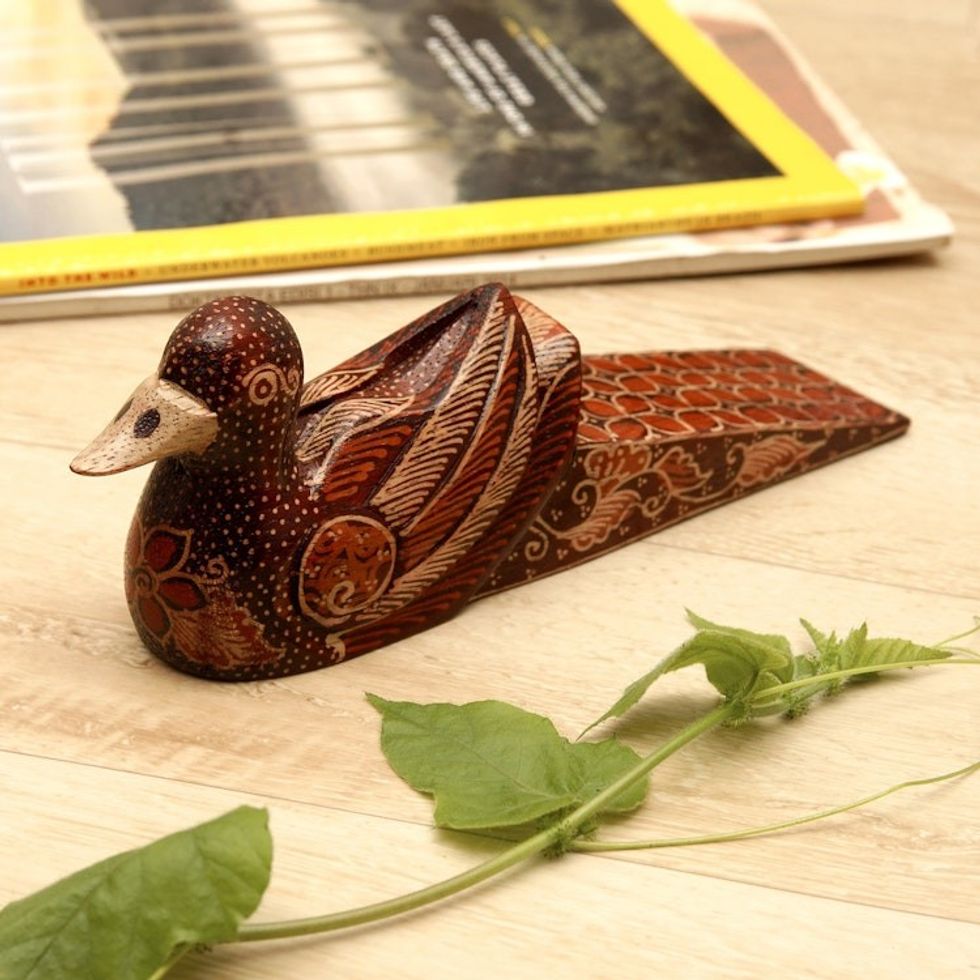 Handmade Batik Duck-Shaped Pule Wood Door Stop in Warm Hues 'Duck Dimension'