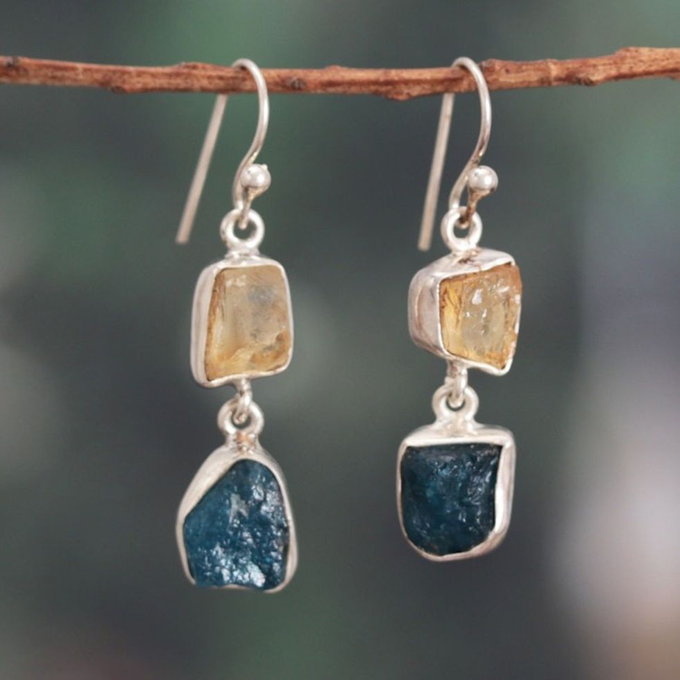 Polished Freeform Citrine and Apatite Dangle Earrings 'Joy of the Intellectual'