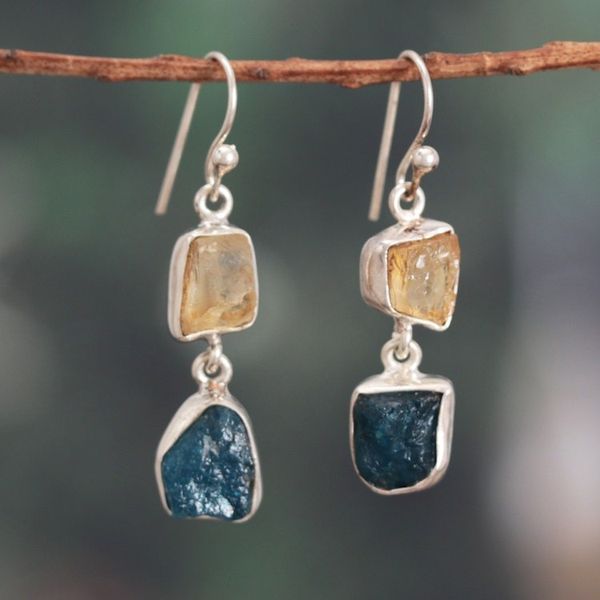 Alternate image for Polished Freeform Citrine and Apatite Dangle Earrings Joy of the Intellectual