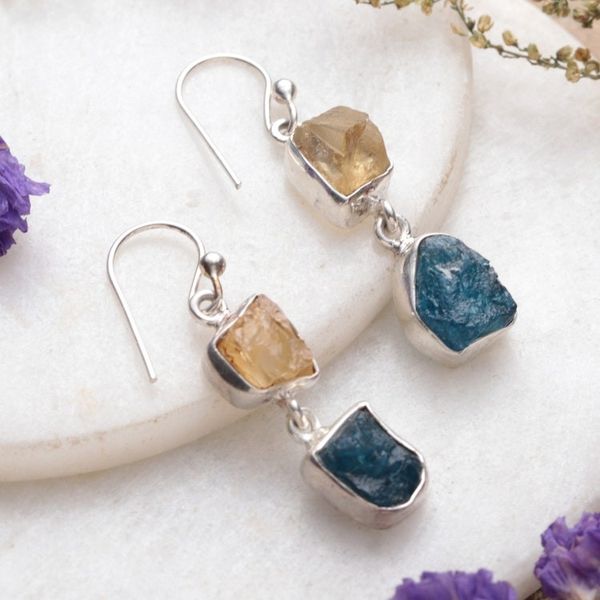 Alternate image for Polished Freeform Citrine and Apatite Dangle Earrings Joy of the Intellectual