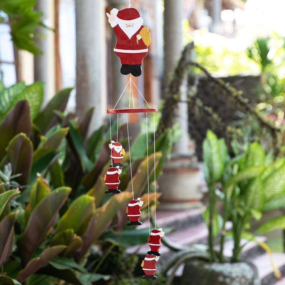 Hand-Painted Santa-Themed Albesia Wood Mobile from Bali 'Waving Santa'
