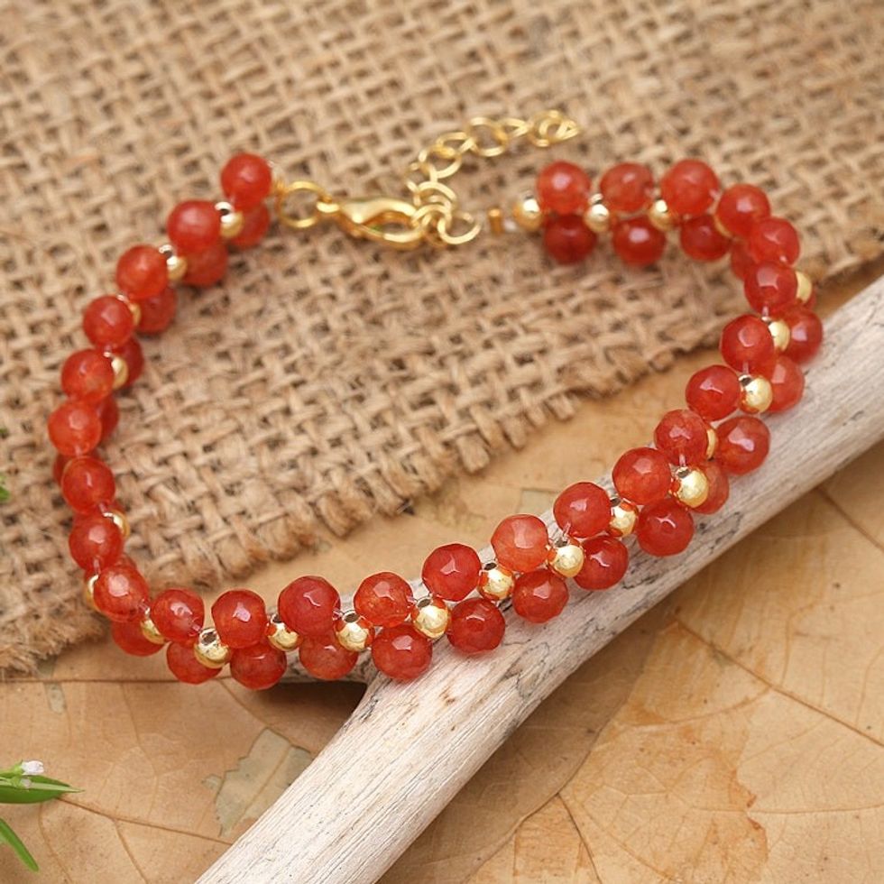 Gold-Accented Adjustable Carnelian Beaded Wristband Bracelet 'Fire Splendor'