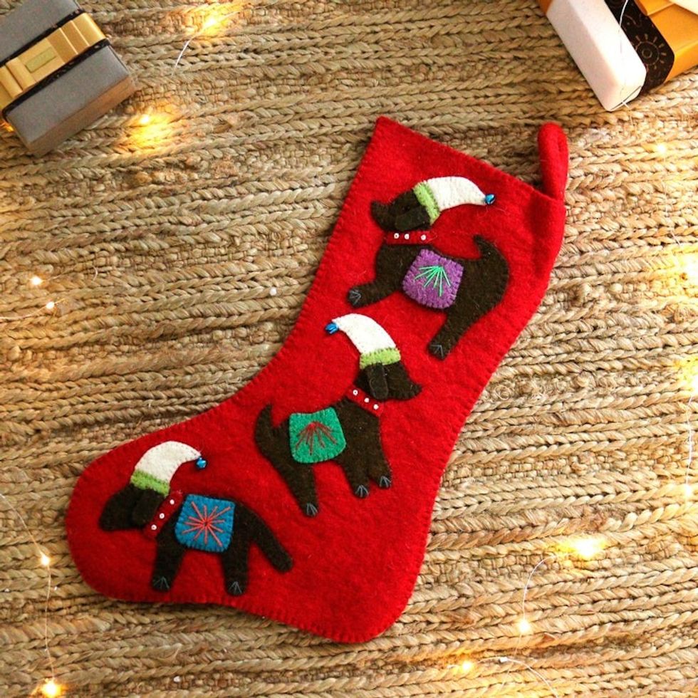 Handmade Applique Wool Felt Beaded Dog Christmas Stocking 'Festive Dogs'