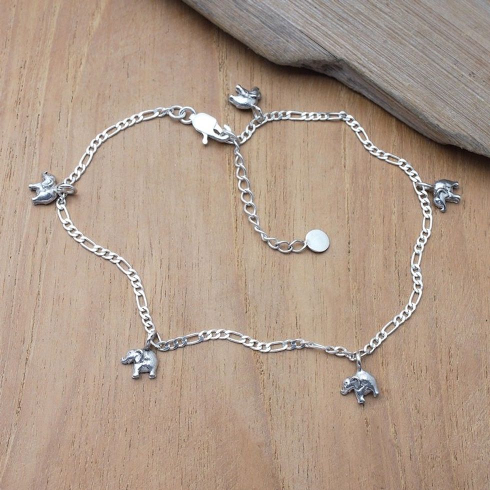Elephant-Themed Sterling Silver Charm Anklet from Bali 'Elephant Procession'