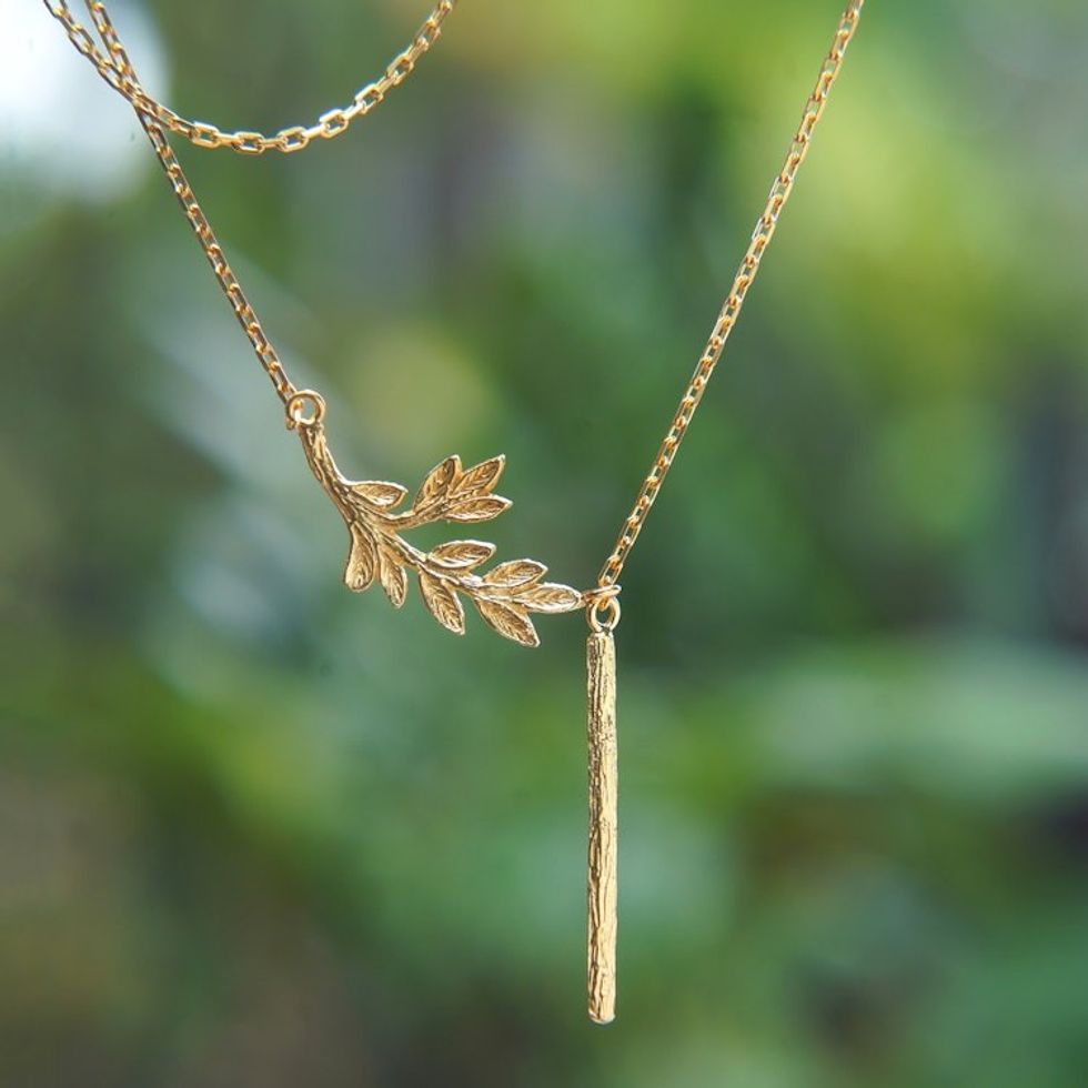 Nature-Themed 22k Gold-Plated Pendant Y Necklace from Bali 'Nature's Finest'