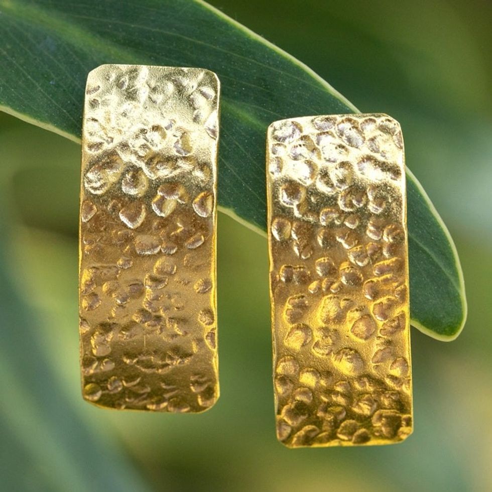 Modern 18k Gold-Plated Drop Earrings with Hammered Finish 'Sublime Textures'