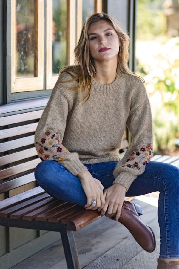 Alternate image for Beige Alpaca Blend Pullover Sweater with Floral Embroidery Autumn Breeze