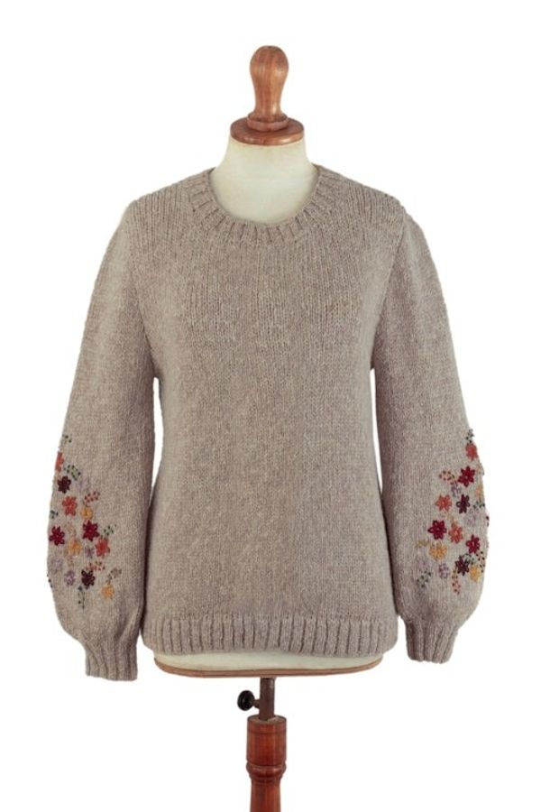 Alternate image for Beige Alpaca Blend Pullover Sweater with Floral Embroidery Autumn Breeze