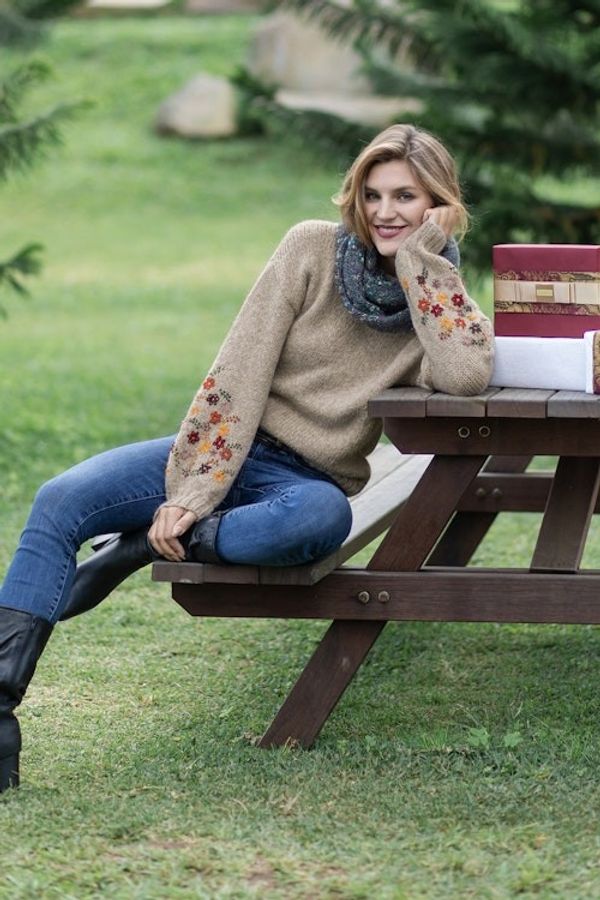Alternate image for Beige Alpaca Blend Pullover Sweater with Floral Embroidery Autumn Breeze