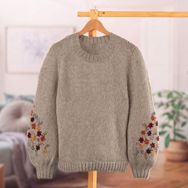 Alternate image for Beige Alpaca Blend Pullover Sweater with Floral Embroidery Autumn Breeze