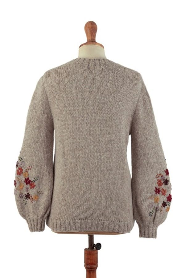 Alternate image for Beige Alpaca Blend Pullover Sweater with Floral Embroidery Autumn Breeze