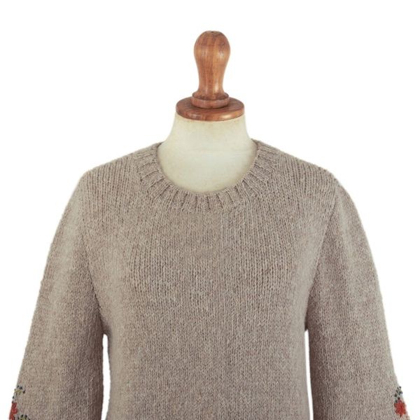 Alternate image for Beige Alpaca Blend Pullover Sweater with Floral Embroidery Autumn Breeze
