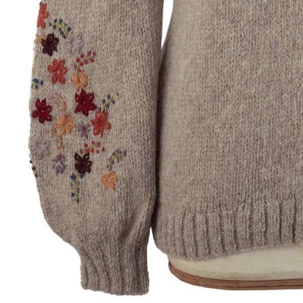 Alternate image for Beige Alpaca Blend Pullover Sweater with Floral Embroidery Autumn Breeze
