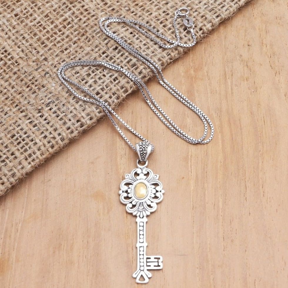 Gold-Accented Sterling Silver Key-Motif Pendant Necklace 'Unlock'