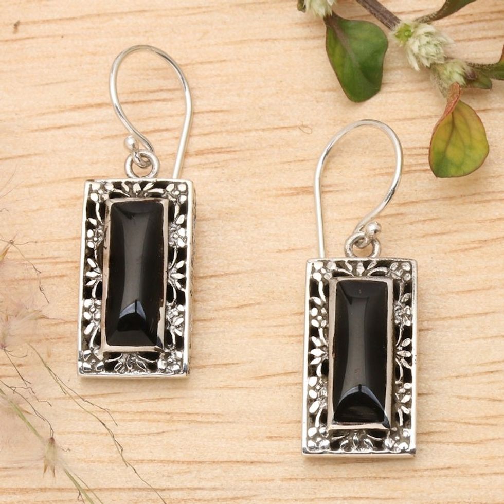 Floral Sterling Silver and Black Resin Dangle Earrings 'Night Mirror'