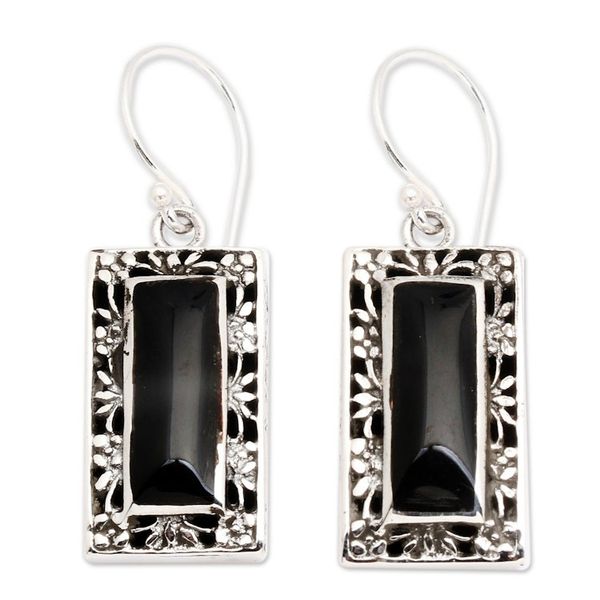 Alternate image for Floral Sterling Silver and Black Resin Dangle Earrings Night Mirror