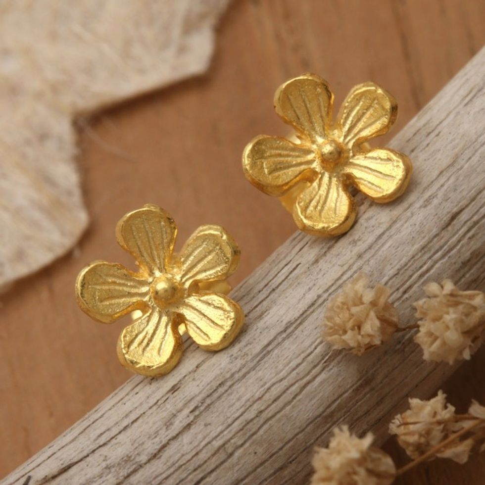 Frangipani-Shaped 22k Gold-Plated Stud Earrings from Bali 'Sunshine Frangipani'