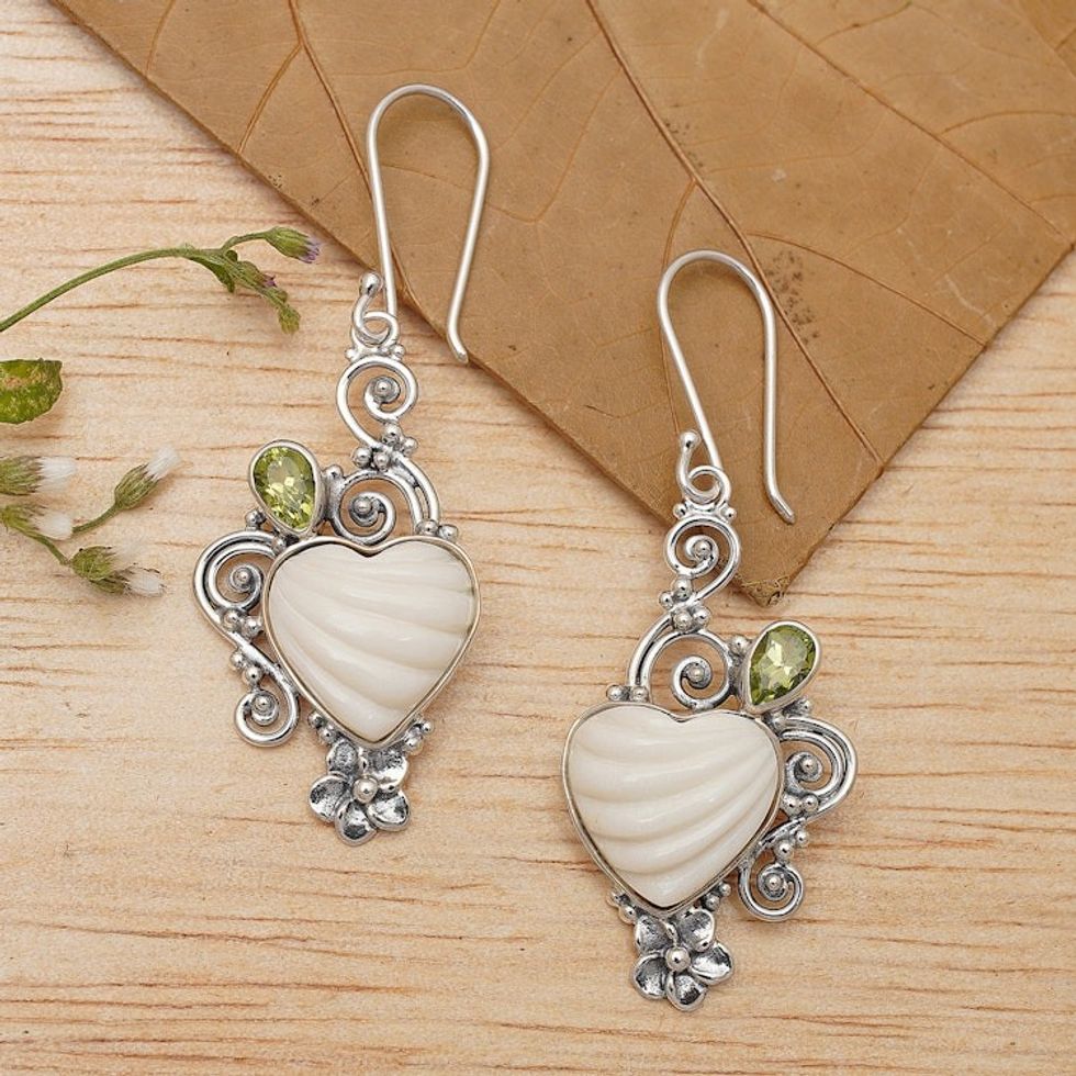 Floral Romantic Heart-Shaped Natural Peridot Dangle Earrings 'Lucky Passion'