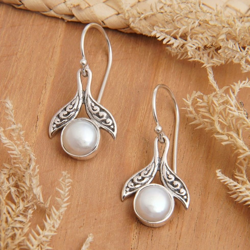 Sterling Silver Cultured Pearl Fishtail Dangle Earrings 'Celestial Purity'