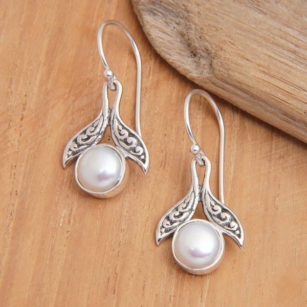Alternate image for Sterling Silver Cultured Pearl Fishtail Dangle Earrings Celestial Purity