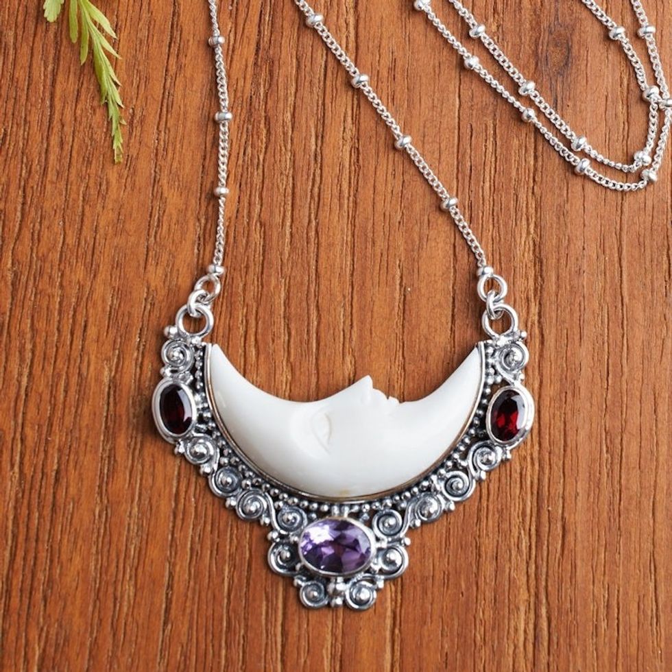 Handcrafted Sterling Silver Moon Necklace with 1-Carat Gems 'Nocturnal Aura'