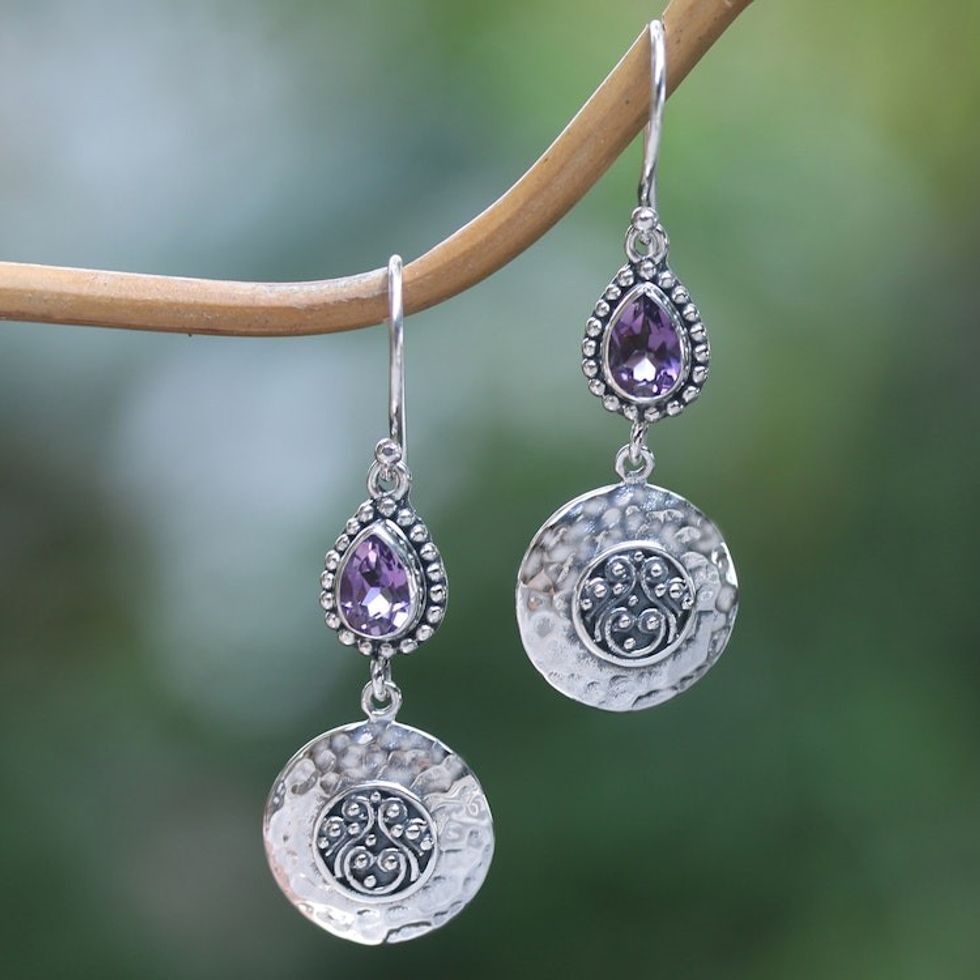 Faceted Pear-Shaped Amethyst Dangle Earrings from Bali 'Bali's Purple Paradise'