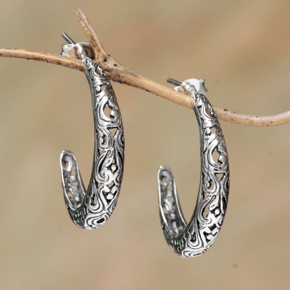 Vine Motif Sterling Silver Half-Hoop Earrings from Bali 'Twilight Vines'