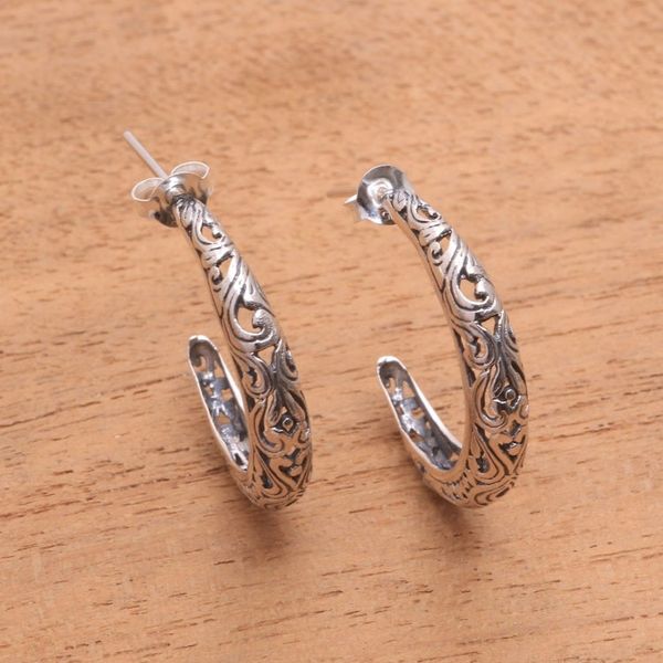 Alternate image for Vine Motif Sterling Silver Half-Hoop Earrings from Bali Twilight Vines