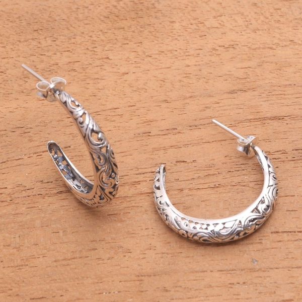 Alternate image for Vine Motif Sterling Silver Half-Hoop Earrings from Bali Twilight Vines