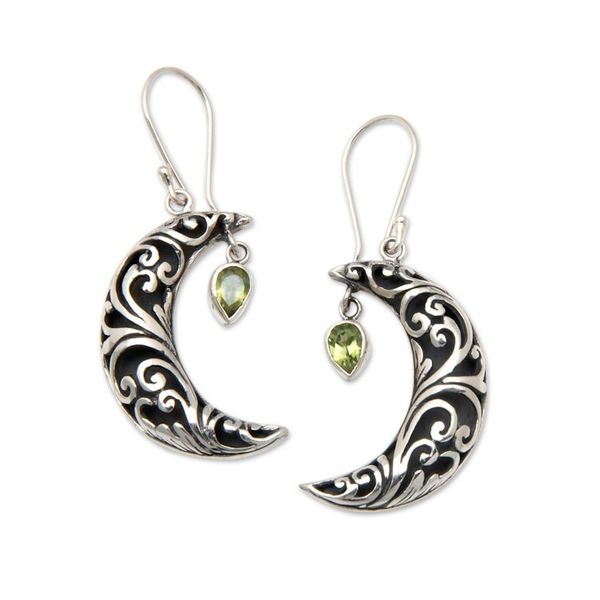 Alternate image for Moon-Shaped Leafy Dangle Earrings with Peridot Jewels Fortune Night