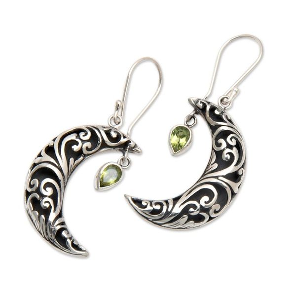 Alternate image for Moon-Shaped Leafy Dangle Earrings with Peridot Jewels Fortune Night